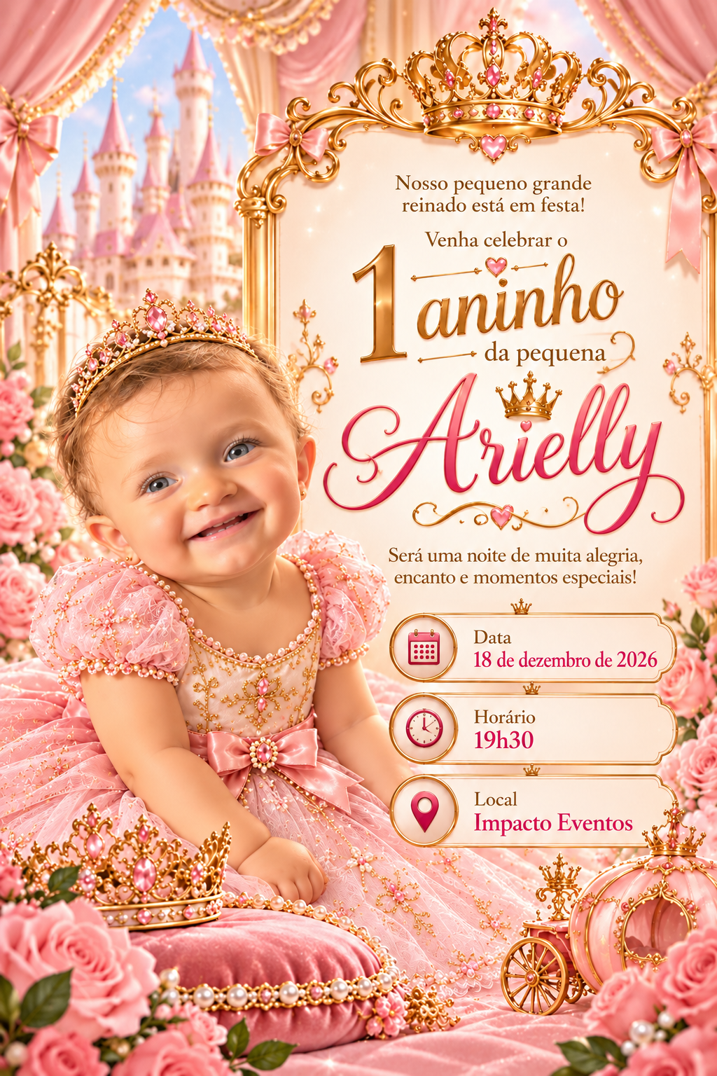 Convite Realeza do primeiro aninho da pequena Arielly. 18 de dezembro de 2026, às 19h30, no Impacto Eventos.